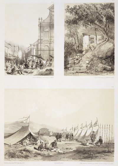 A Portuguese Church and a Chinese Street at Macao, An Old Temple near the Barrier at Macao and a Chinese Camp and the Wall Separating the Island from the Peninsula of Macao, plates 14, 15 and 16 by Auguste Borget